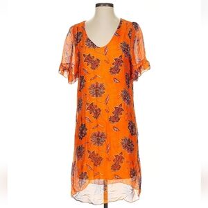 Karakorum Burnt Orange Floral Silk Blend Chiffon V-Neck Dress, Made in Italy,  S